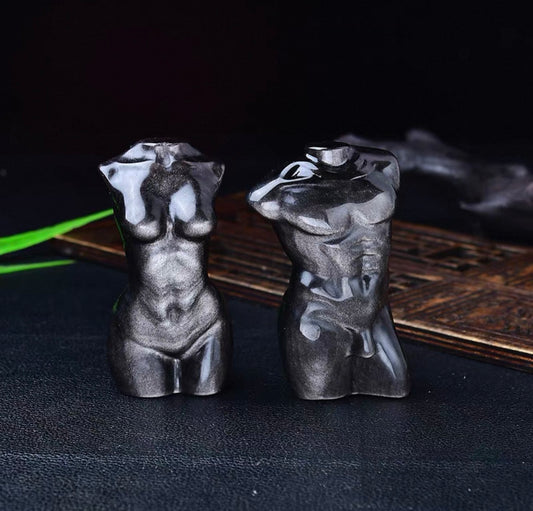 Black Obsidian Torso Sculpture - Minimalist Body Form Stone Art Sculpture